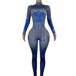 Sparkle Blue Rhinestones Jumpsuit Woman Stretch Leggings Singer Costume Birthday Party Club Stage Outfit Spandex Yatelandisi