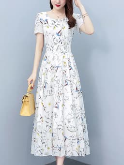 White Floral Chiffon Bodycon Office Lady Dress Summer Elegant Casual Chic Prom Long Dress 2024 Women Vintage Party Evening Dress