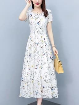 White Floral Chiffon Bodycon Office Lady Dress Summer Elegant Casual Chic Prom Long Dress 2024 Women Vintage Party Evening Dress
