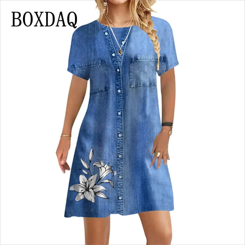 2023 New Women Dress Fashion Abstract False Two-piece Set Loose Casual Mini Dress Ladies Floral Print Summer Beach Party Dress