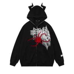 Dark Monster Horns Spiders Webs Graphic Sweatshirt Loose Overiszed Zip Up Hoodie Gothic Y2K Kawaii Clothes Harajuku Winter Coats