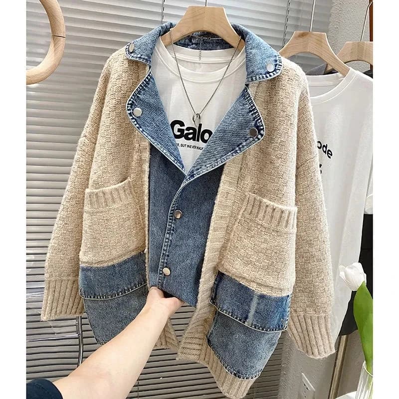 Women's 2023 Autumn/Winter Korean Edition Vintage Personalized Patchwork Denim Coat Lazy Knitted Sweater Cardigan Fashion Jacket