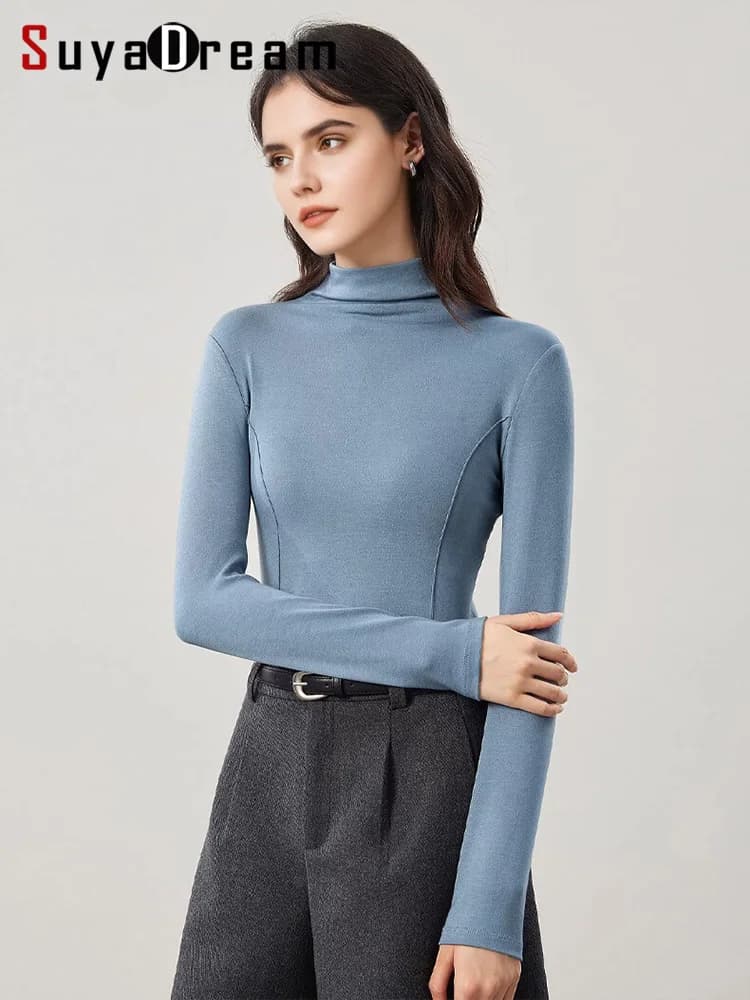 SuyaDream Women's Wool Blend Thermal T-Shirt, Mock Neck, Long Sleeved, Basic Slim Tee, Monochromatic, 2025 Fall, Winter Top