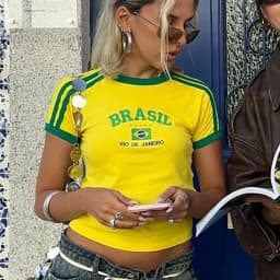 BRASIL Letter Graphics Print Goth Y2k Yellow Skinny Cropped Tees Women Sexy Streetwear 2000s Harajuku New Woman Clothing T-Shirt