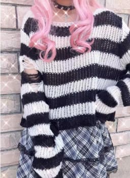 Gothic Grunge Striped Knitted Sweater Women Long Pullovers Loose Thin Punk Sweaters Jumpers Mujer Jersey Chic Streetwear