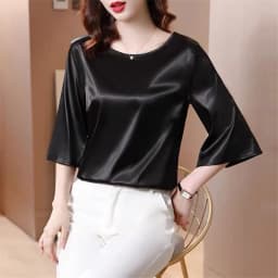 2026 Spring and Autumn New All-match O-neck Three-quarter Flared Sleeve Acetate Satin Blouse tops Basic Simple Ice Silk Shirts