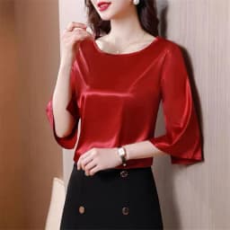 2026 Spring and Autumn New All-match O-neck Three-quarter Flared Sleeve Acetate Satin Blouse tops Basic Simple Ice Silk Shirts