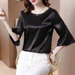 2026 Spring and Autumn New All-match O-neck Three-quarter Flared Sleeve Acetate Satin Blouse tops Basic Simple Ice Silk Shirts