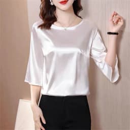 2026 Spring and Autumn New All-match O-neck Three-quarter Flared Sleeve Acetate Satin Blouse tops Basic Simple Ice Silk Shirts