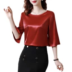2026 Spring and Autumn New All-match O-neck Three-quarter Flared Sleeve Acetate Satin Blouse tops Basic Simple Ice Silk Shirts