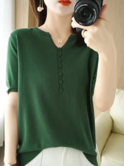 Summer New Short-sleeved Women V-Neck Slim 100% Cotton Pullover Vest T-shirt Button Decoration Knitted Base Casual Sweater