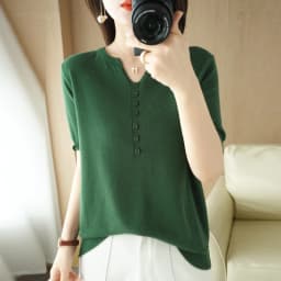 Summer New Short-sleeved Women V-Neck Slim 100% Cotton Pullover Vest T-shirt Button Decoration Knitted Base Casual Sweater