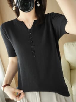 Summer New Short-sleeved Women V-Neck Slim 100% Cotton Pullover Vest T-shirt Button Decoration Knitted Base Casual Sweater