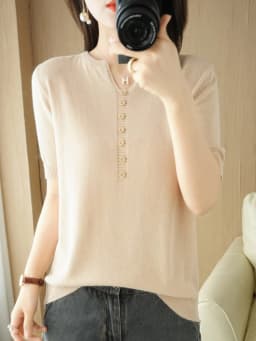 Summer New Short-sleeved Women V-Neck Slim 100% Cotton Pullover Vest T-shirt Button Decoration Knitted Base Casual Sweater