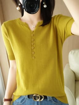 Summer New Short-sleeved Women V-Neck Slim 100% Cotton Pullover Vest T-shirt Button Decoration Knitted Base Casual Sweater