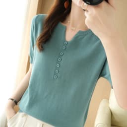 Summer New Short-sleeved Women V-Neck Slim 100% Cotton Pullover Vest T-shirt Button Decoration Knitted Base Casual Sweater