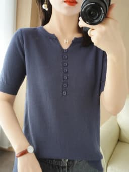 Summer New Short-sleeved Women V-Neck Slim 100% Cotton Pullover Vest T-shirt Button Decoration Knitted Base Casual Sweater