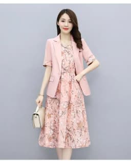 Single/Suit Women Knee Length Dress Suits Double Breasted Blazer Long Sleeve Dresses Ladies Office Wear 2 Piece Set Green Suit