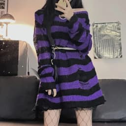Karrram Goth Sweater Purple Striped Punk Style Lolita Pullover Japanese Harajuku Hollow Out Knitted Jumpers Alt Clothes E-girls