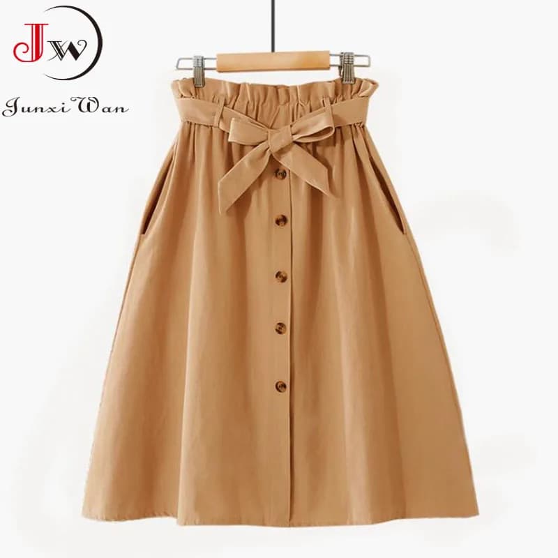 Women Casual Cotton Skirts Spring Summer Korean Style Solid Elegant High Waist Single-Breasted Bow Lace Up A-Line Midi Skir