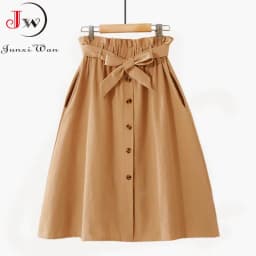 Women Casual Cotton Skirts Spring Summer Korean Style Solid Elegant High Waist Single-Breasted Bow Lace Up A-Line Midi Skir