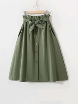 Women Casual Cotton Skirts Spring Summer Korean Style Solid Elegant High Waist Single-Breasted Bow Lace Up A-Line Midi Skir