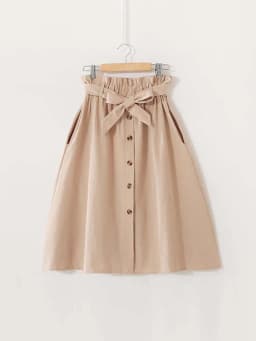 Women Casual Cotton Skirts Spring Summer Korean Style Solid Elegant High Waist Single-Breasted Bow Lace Up A-Line Midi Skir