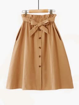 Women Casual Cotton Skirts Spring Summer Korean Style Solid Elegant High Waist Single-Breasted Bow Lace Up A-Line Midi Skir