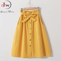 Women Casual Cotton Skirts Spring Summer Korean Style Solid Elegant High Waist Single-Breasted Bow Lace Up A-Line Midi Skir