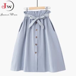Women Casual Cotton Skirts Spring Summer Korean Style Solid Elegant High Waist Single-Breasted Bow Lace Up A-Line Midi Skir