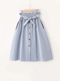 Women Casual Cotton Skirts Spring Summer Korean Style Solid Elegant High Waist Single-Breasted Bow Lace Up A-Line Midi Skir