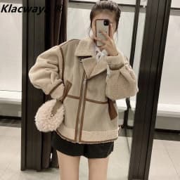 Women's Fashion Stitching Faux Leather Lamb  Jacket With Zipper Decoration Stand Collar Thickening Warm Winter New Jacket