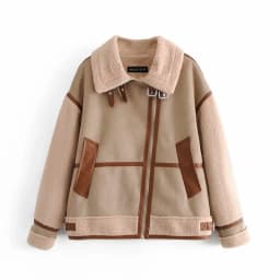 Women's Fashion Stitching Faux Leather Lamb  Jacket With Zipper Decoration Stand Collar Thickening Warm Winter New Jacket