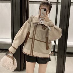 Women's Fashion Stitching Faux Leather Lamb  Jacket With Zipper Decoration Stand Collar Thickening Warm Winter New Jacket