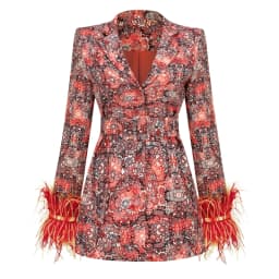 Temperament Floral Suit Collar Waist Decorative Belt Elegant Dress, Women's Fitted Cuff Decorated Feather Party Dress Coat