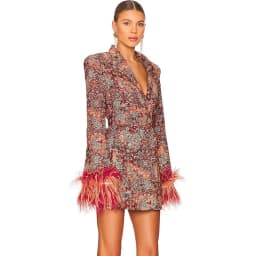 Temperament Floral Suit Collar Waist Decorative Belt Elegant Dress, Women's Fitted Cuff Decorated Feather Party Dress Coat