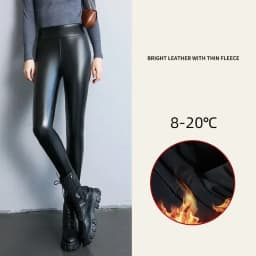Winter Warm PU Leather Leggings Women Leather Pantalones High Waist Thermal Tights Stretchy Pants Winter Fleece Lined Trousers