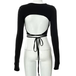 Sexy Backless Lace ups Pullover Tees Women Autumn Black O-neck Slim Longsleeve Short T-Shirt