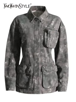 TWOTWINSTYLE Temperament Denim Jackets For Women Lapel Long Sleeve Single Breasted Loose Camouflage Jacket Female Fashion 2023