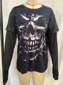 Vintage Graphic Skull Print T-shirts Y2K Cyber Aesthetic Tops Patchwork Long Sleeve Tee Gothic Grunge Emo Alt Clothes Streetwear