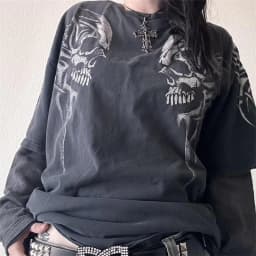 Vintage Graphic Skull Print T-shirts Y2K Cyber Aesthetic Tops Patchwork Long Sleeve Tee Gothic Grunge Emo Alt Clothes Streetwear