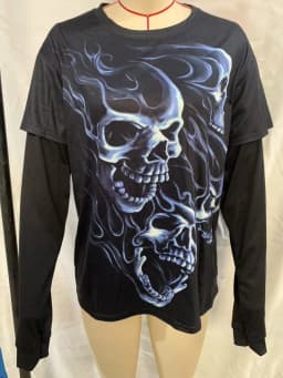 Vintage Graphic Skull Print T-shirts Y2K Cyber Aesthetic Tops Patchwork Long Sleeve Tee Gothic Grunge Emo Alt Clothes Streetwear