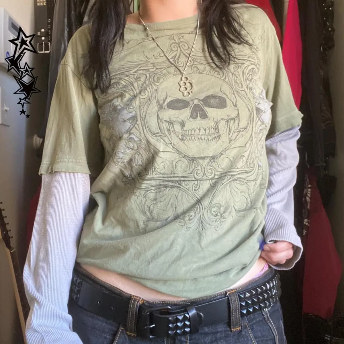Vintage Graphic Skull Print T-shirts Y2K Cyber Aesthetic Tops Patchwork Long Sleeve Tee Gothic Grunge Emo Alt Clothes Streetwear