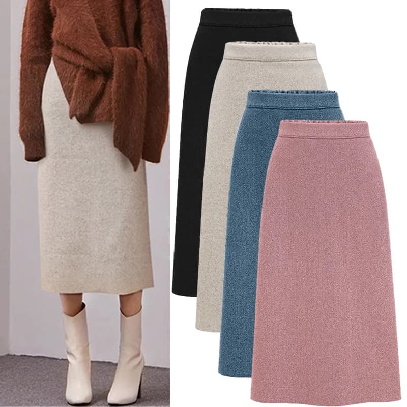Women Wool Tweed Skirt Midi Skirt Women's Autumn and Winter New Vintage High Waist Slim Hip Skirt Mid-length A-line Skirt Woman