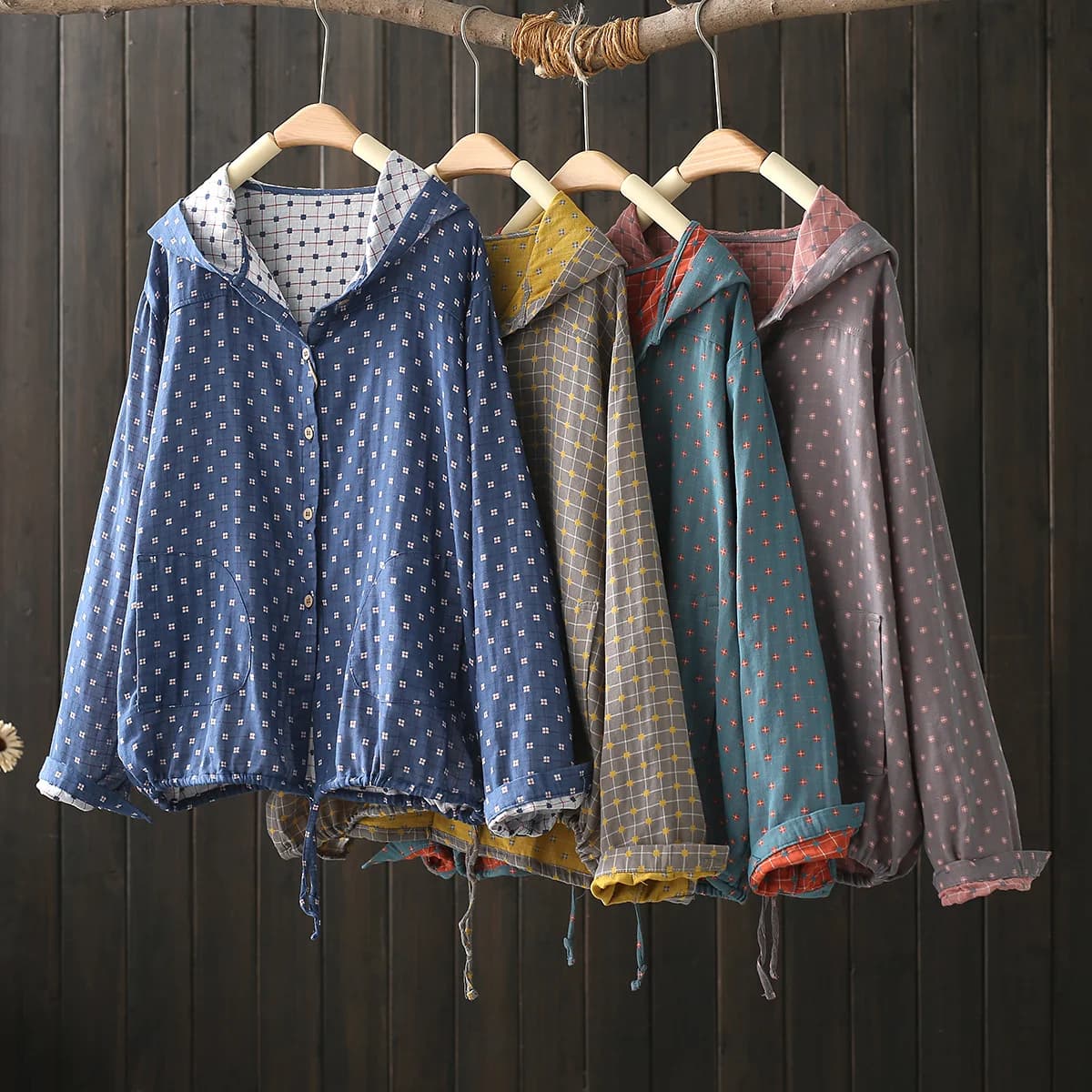 Large Size Blouses for Women Autumn Spring Hooded Long Sleeve Single-Breasted Shirts Adjustable Women's Clothing