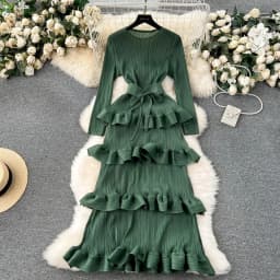Miyake Multi-layer Cascading Pleated Dress Women O Neck Long Sleeve Solid Color Ruffles Cake Belt Dress Female Party Clothing