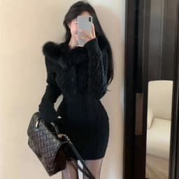 Autumn Winter Elegant Women Sweater Christmas Red Slim Fur Patchwork Hooded Knitted Dress Female Korean Knitwear Hoodie Tops