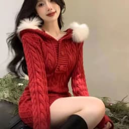 Autumn Winter Elegant Women Sweater Christmas Red Slim Fur Patchwork Hooded Knitted Dress Female Korean Knitwear Hoodie Tops