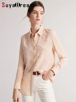 SuyaDream Women Striped Shirts 100%Pure Silk Turn Down Collar Chic Blouses 2026 Spring Summer Office Lady Top Pink Champagne