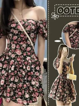 Preppy Wind Sweet Spicy Rose Fragmented Flower Dress For Women's Summer 2024 New French Puff Sleeve Short Skirt With Waist 6OA0